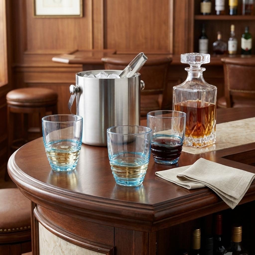 HomeRoots Set of Four Clear and Blue Acrylic Stemless Whiskey Glasses