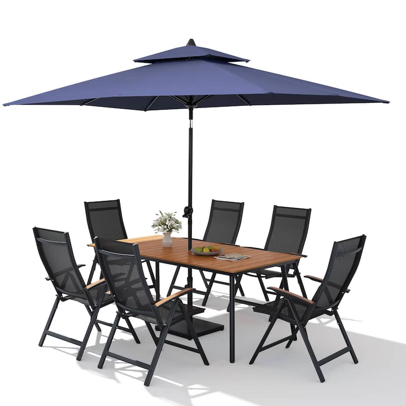9PC Outdoor Patio Dining Set Wood-Like Aluminum Umbrella Hole Table with Folding Chairs,Double Top Market Umbrella and Base