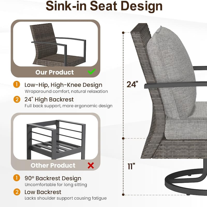 3-Piece Gray Swivel Rocker Patio Bistro Set with Side Table Cushions