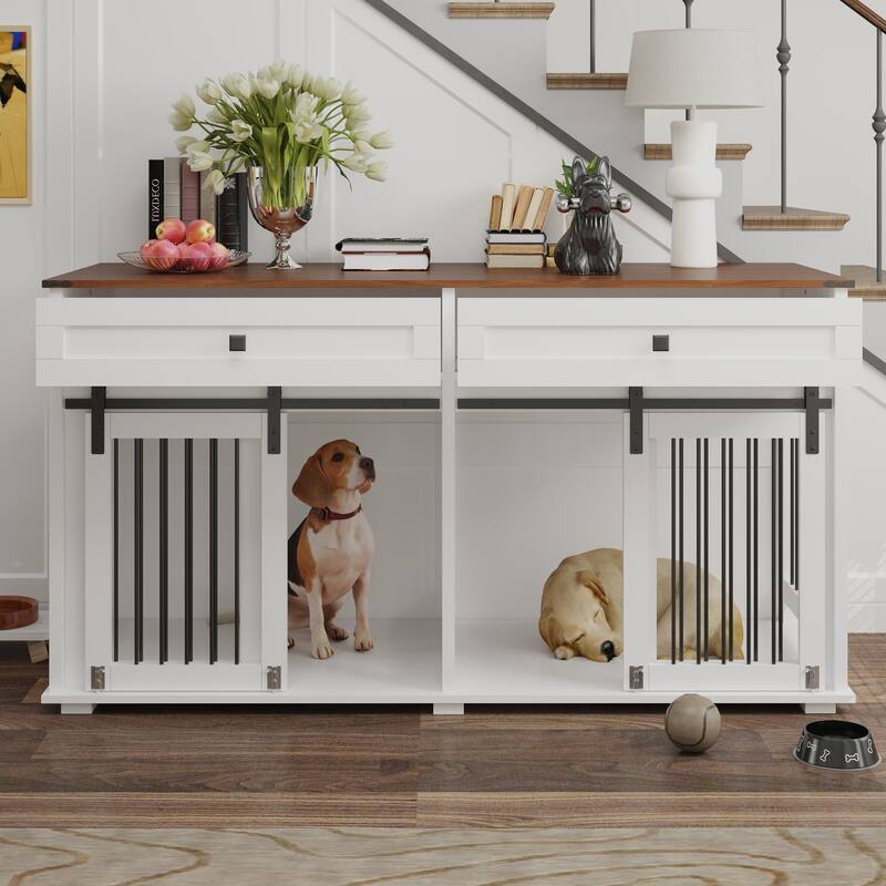 63'' Large Dog Crate Furniture Wooden Dog Kennel with 2 Drawers, Divider and Sliding Door - Brown+White