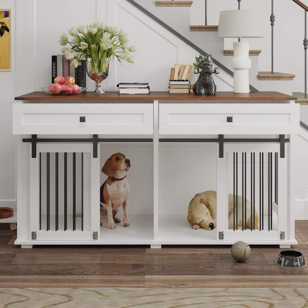 63'' Large Dog Crate Furniture Wooden Dog Kennel with 2 Drawers, Divider and Sliding Door
