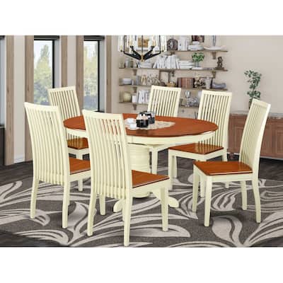 HomeStock 7-Piece Buttermilk and Cherry Finish Solid Wood Top Dining Table with 6 Chairs with Lattice Back