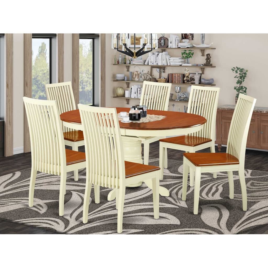 HomeStock 7-Piece Buttermilk and Cherry Finish Solid Wood Top Dining Table with 6 Chairs with Lattice Back