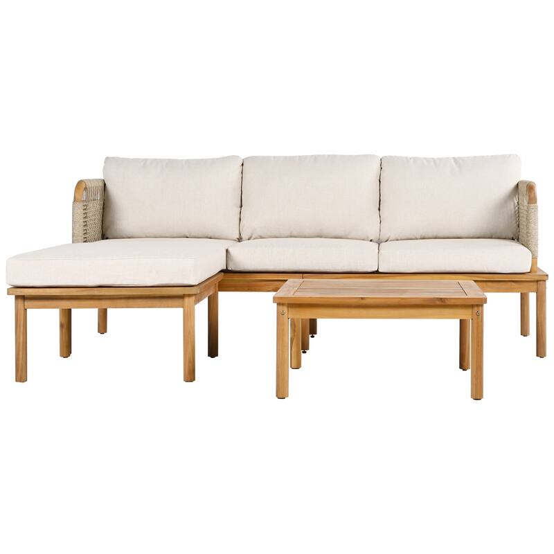 Roomfitters 3-Piece Outdoor Patio Sofa Set with Acacia Wood and Rope Accents, Cushioned Seating and Coffee Table, Beige