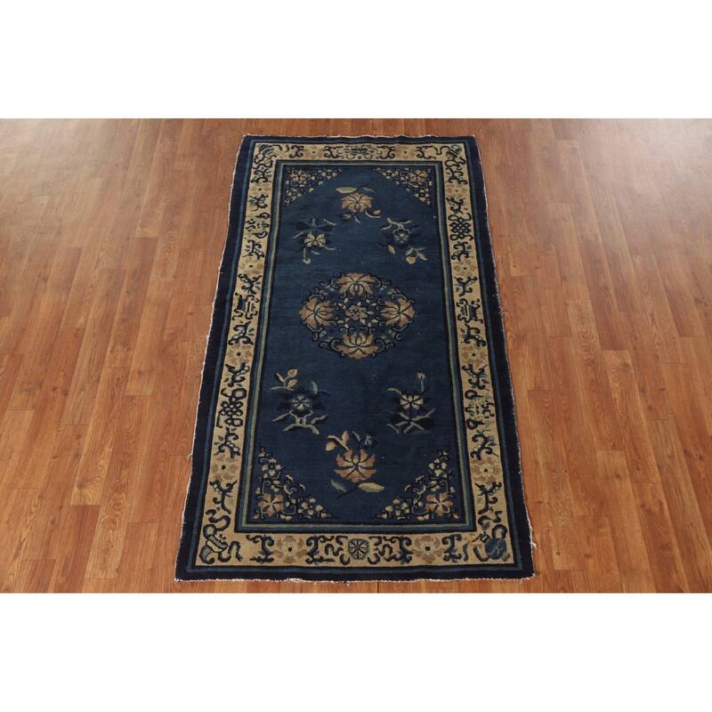 Vegetable Dye Blue Art Deco Chinese Antique Rug Handmade Wool Carpet - 3'1"x 5'9"