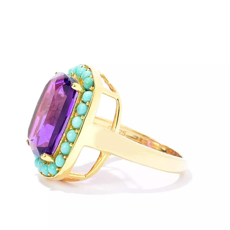 18k Yellow Gold Over Sterling Silver, African Amethyst and Campitos Turquoise Gemstone Classic Ring