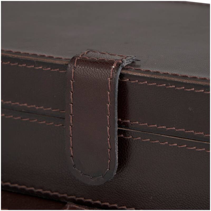 Dark Brown Leather Storage Box with Snap Front Closure and Detailed Stitching (Set of 2)