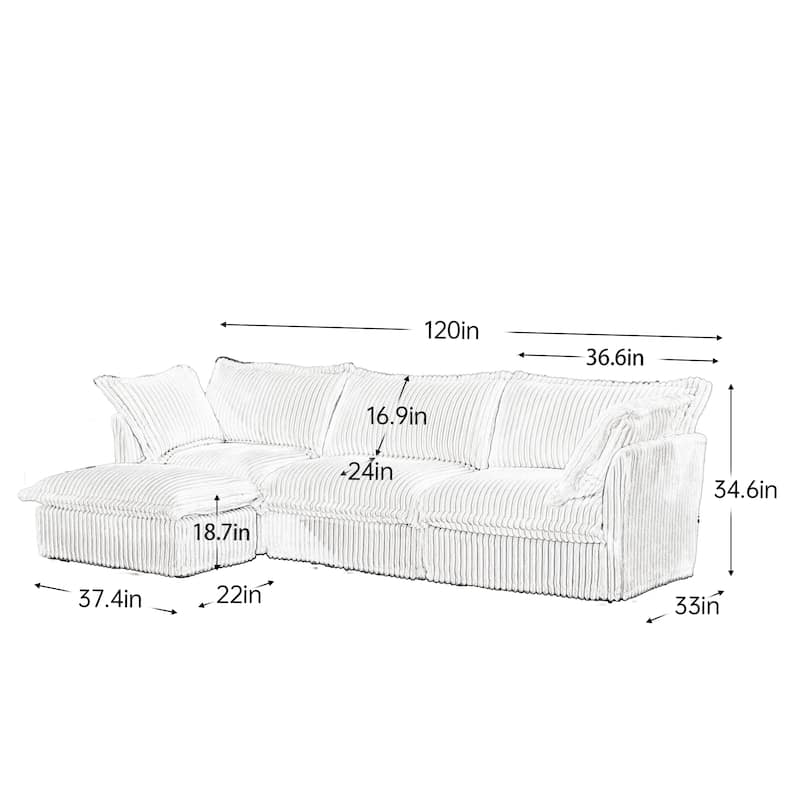 120" Corduroy L-Shaped 3-Seater Sectional with Convertible Ottoman, Removable Slipcover and Cloud-Like Cushions