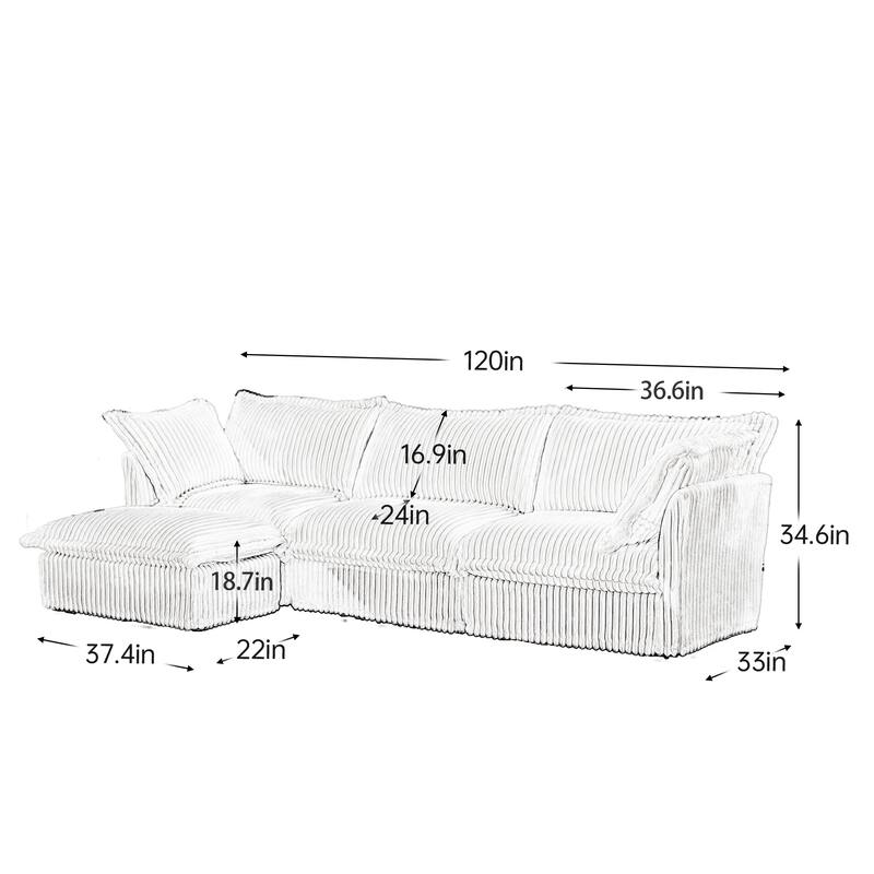 GDFStudio - Corduroy L-Shaped 3-Seater 120" Slipcovered Sectional Sofa with Ottoman