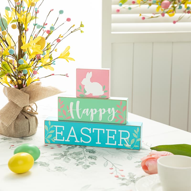 Glitzhome 9.5"L Happy Easter Wooden Block Bunny Table Sign Decor - Multi-Color