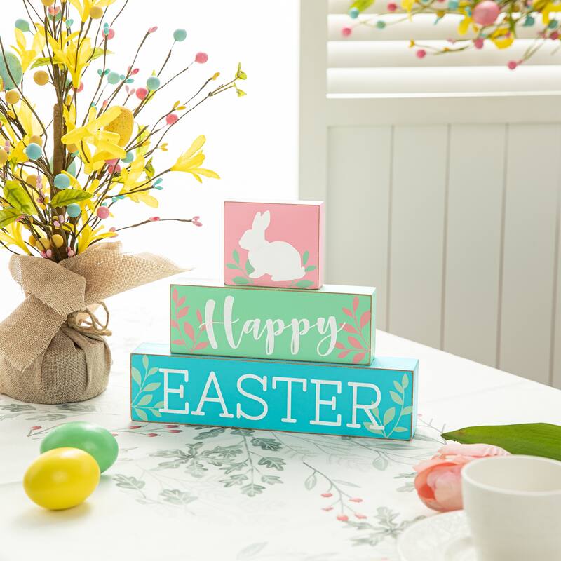 Glitzhome 9.5"L Wooden Block Easter Bunny Table Sign Decor "Happy Easter"