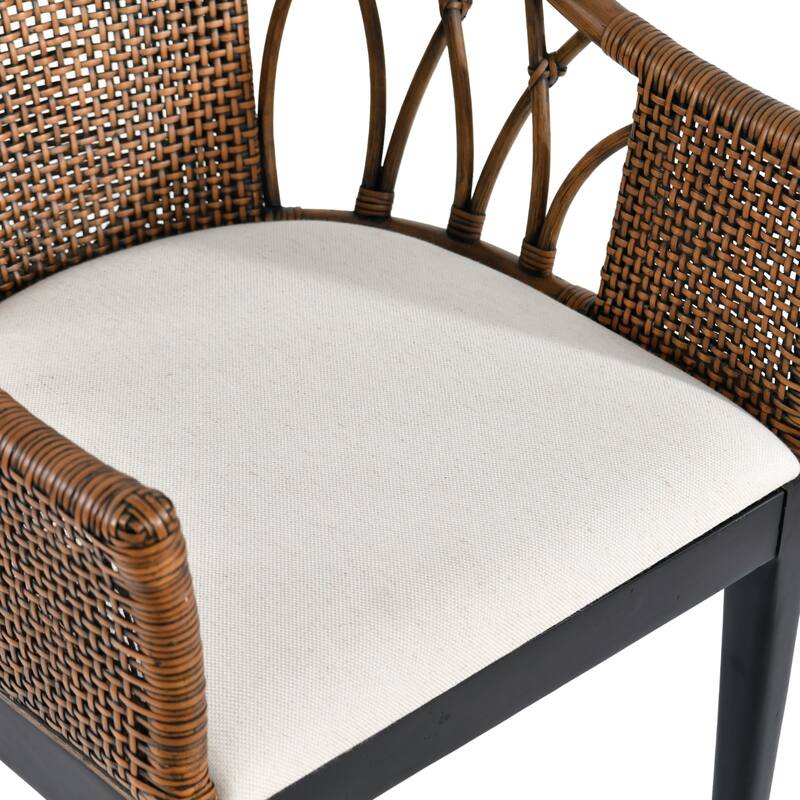 Bohemian 18" Seat W Rattan Barrel Arm chair with Upholstered Seat Accent Chair
