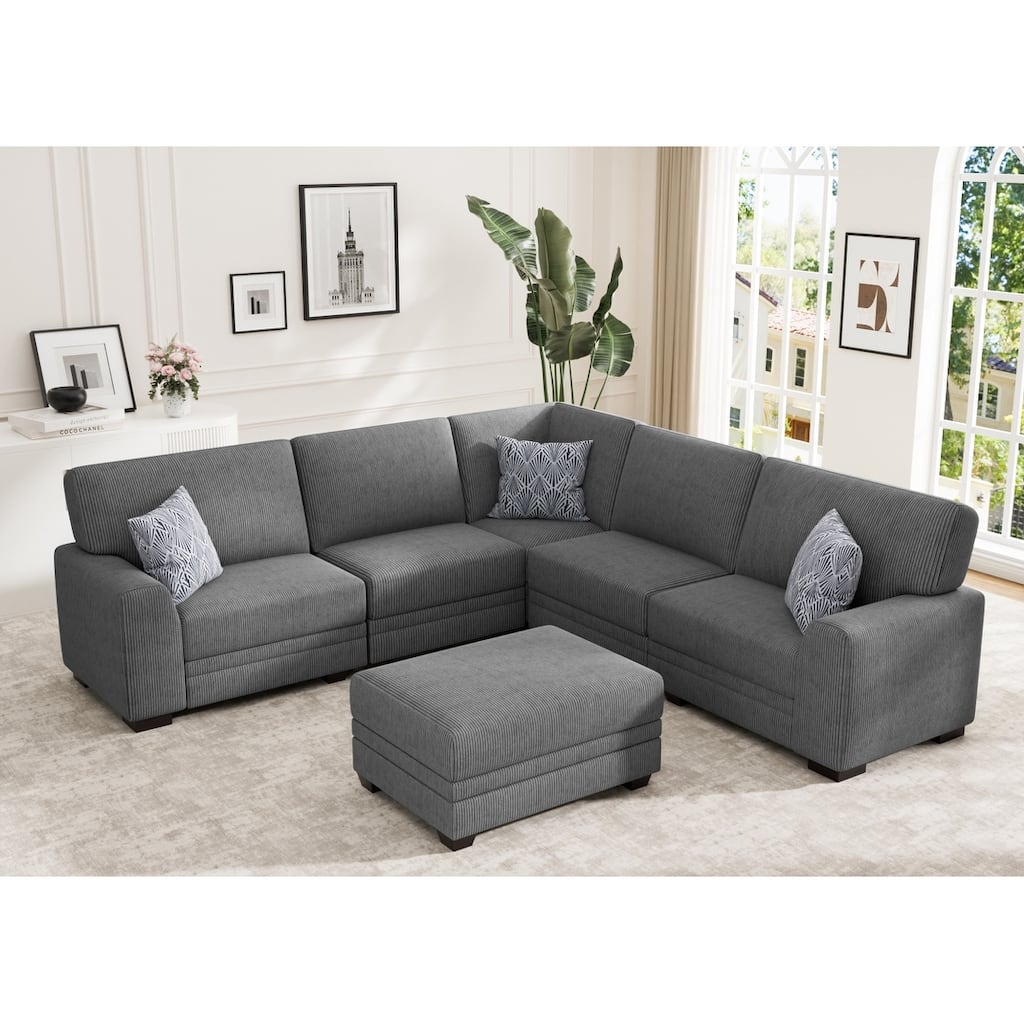 6 Piece Modular Corduroy Sectional With Ottoman