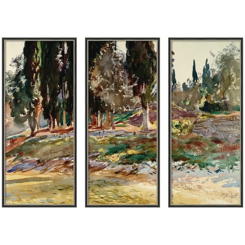 Kate and Laurel Cypress Trees at San Vigilio Lake Garda John Singer Sargent 3 Piece Framed Wall Art Set by Nostalgia Prints - 3 Piece Set 18x41
