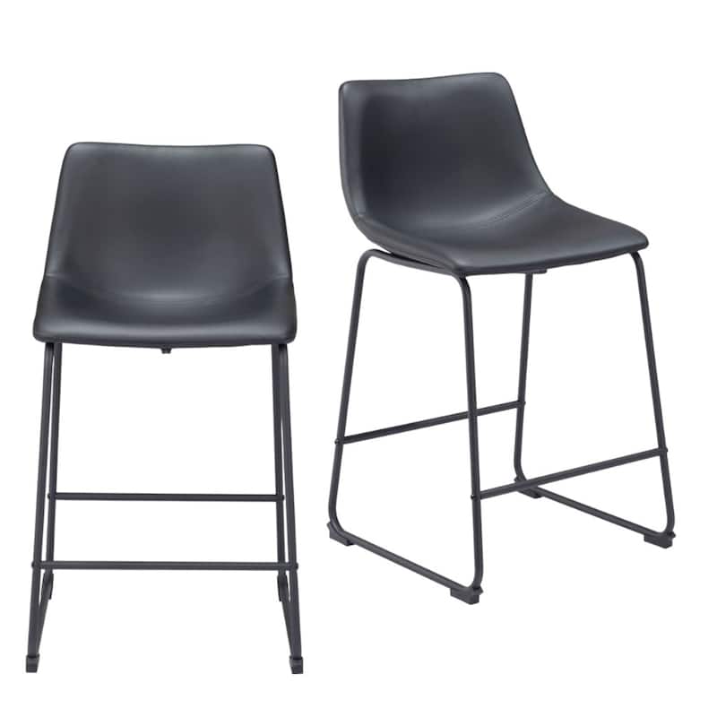 HomeRoots Set of Two 24" Black Faux Leather and Steel Counter Height Bar Chairs
