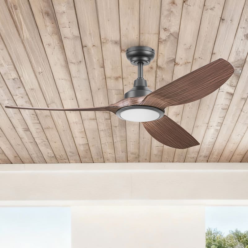 Honeywell "Sirro" 52-Inch Matte Black with Chocolate Auburn Blades Damp Rated Ceiling Fan with Dimmable LED Light