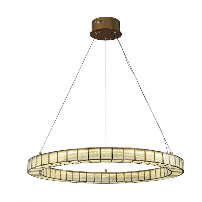 32'' Modern Halo Round Art Glass Integrated Led Chandelier Brass Art Deco Led Ceiling Light For Dining Room Living Room - W32'' - W32'' - Painted Brass