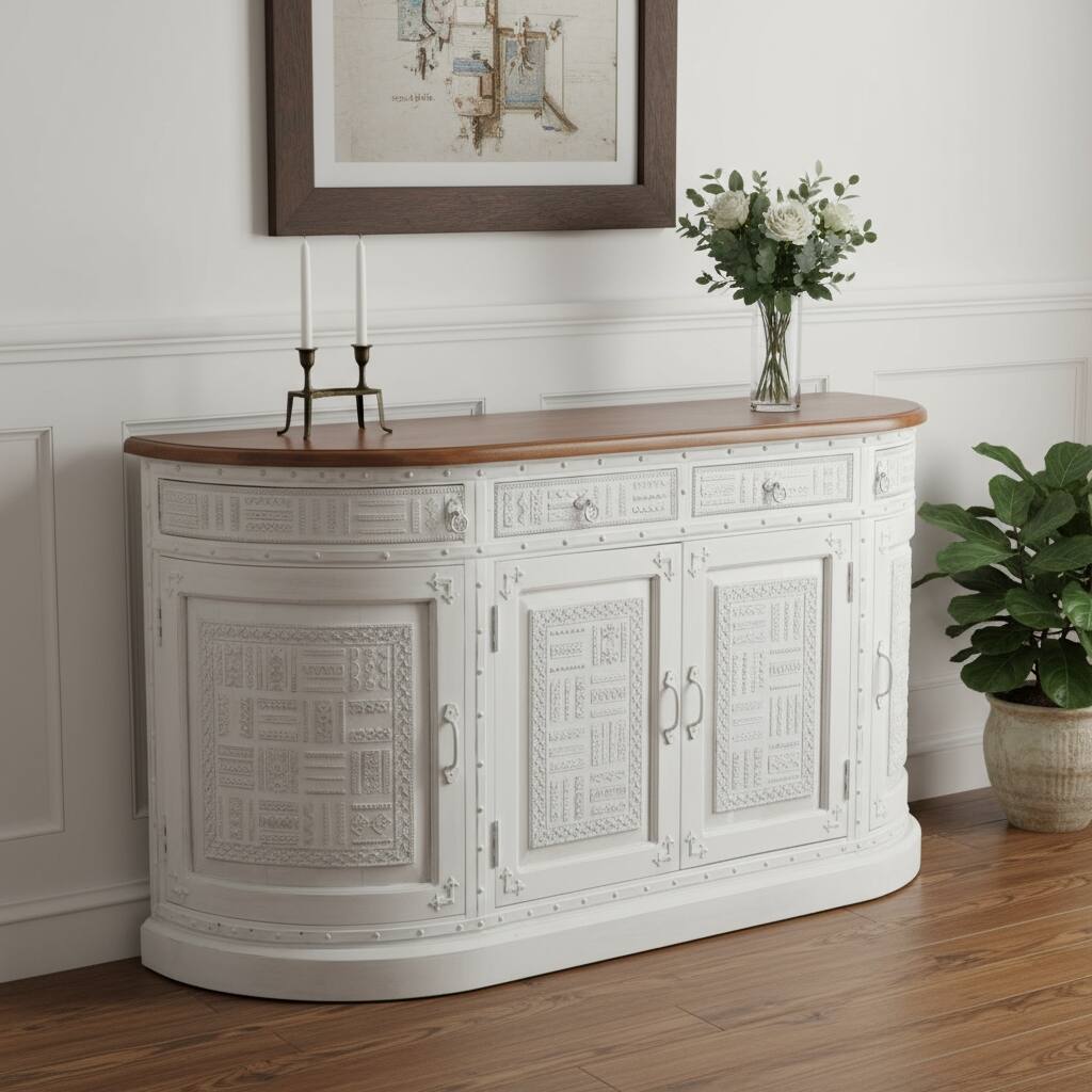 HomeRoots 69" White And Brown Solid Wood Carved Geometric Four Drawer Four Door Sideboard - 69.00 in. x 36.00 in. x 18.00 in.