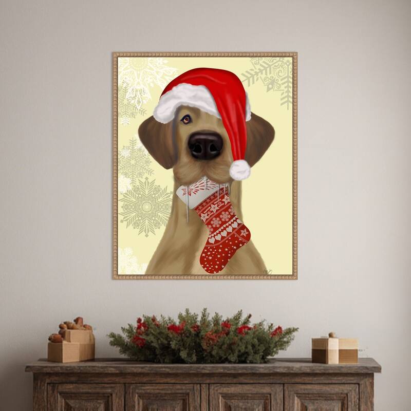 Christmas Drooly Christmas Dane by Fab Funky (23 x 28 in.), Framed Canvas Wall Art Print - Sylvie Beaded Rustic Natural