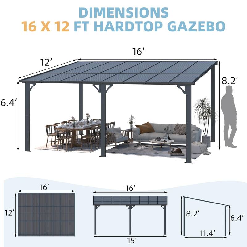 12x16ft Lean to Gazebo Hardtop Wall Mounted Gazebo