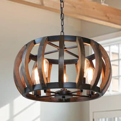 Anmytek Round Pendant Light Wood Hanging Lamp Chandelier E26 Base Bulb Lighting Kitchen Island Dining Room