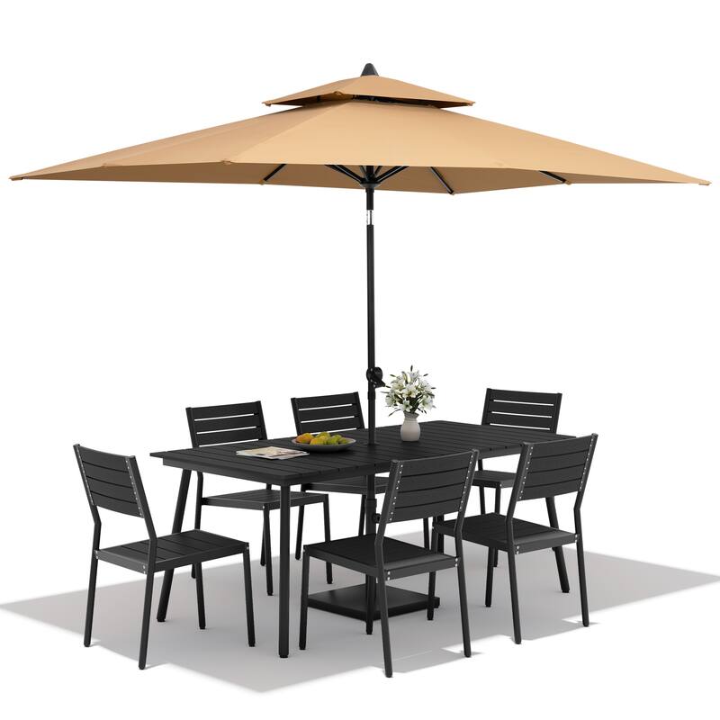 9PC Outdoor Patio Dining Set Aluminum Table with Stackable Chairs w/ Market Umbrella Set