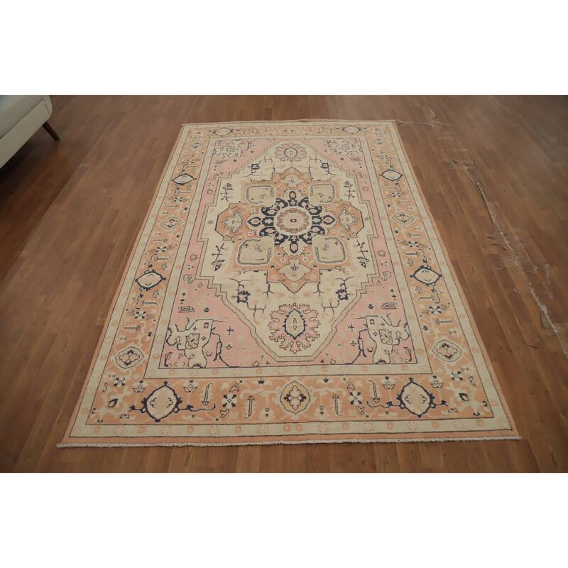 Hand Knotted Oriental 100% Wool Carpet Traditional Medallion Beige & Ivories Heriz (serapi) Area Rug - 9' 0'' X 5' 10''