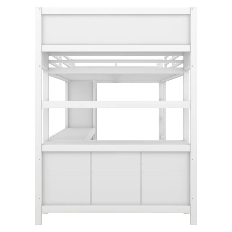 Full Size Metal Loft Bed with Wardrobe, L-shaped Desk, and Storage Shelves, White