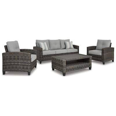 4 Piece Outdoor Conversation Set, Woven Resin Wicker, Aluminum Frame, Gray