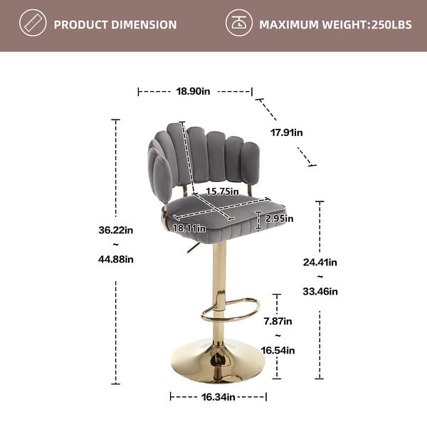 dimension image slide 5 of 6, HOMEFUN Velvet Swivel Adjustable Height Scallop Bar Stools With Footrest(set of 2)
