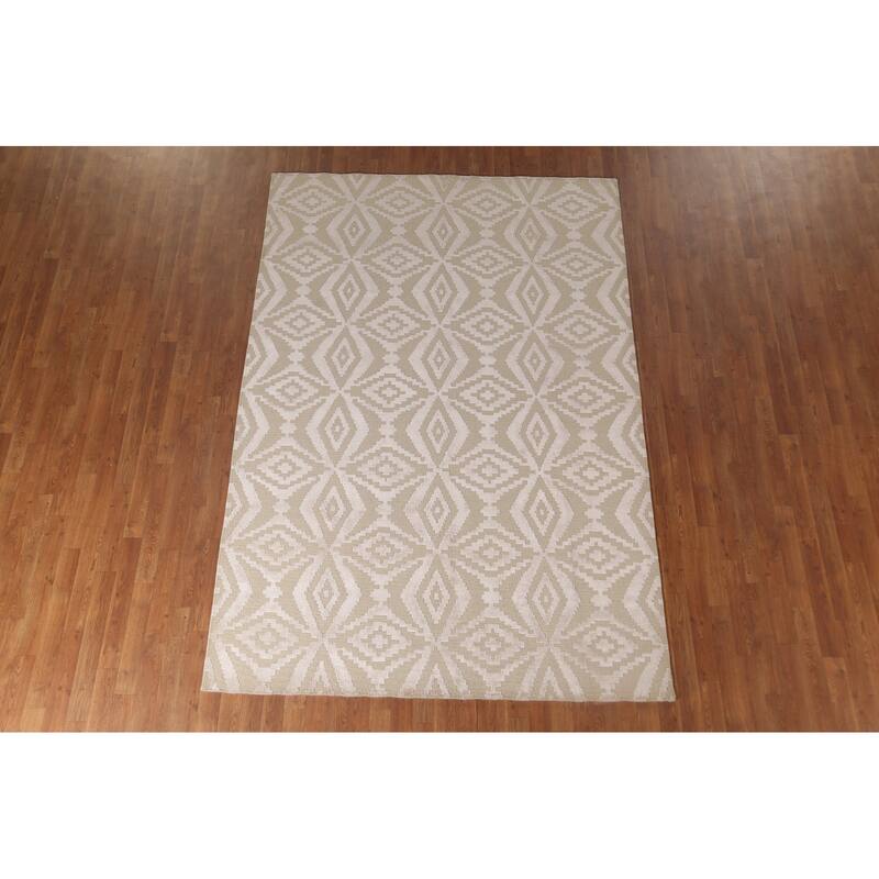 Beige Geometric Nepalese Oriental Area Rug Handmade Wool Carpet - 6'1" x 8'11"