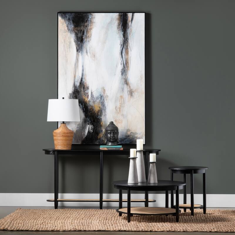 Round Mindi Wood and Rattan Black Accent Table
