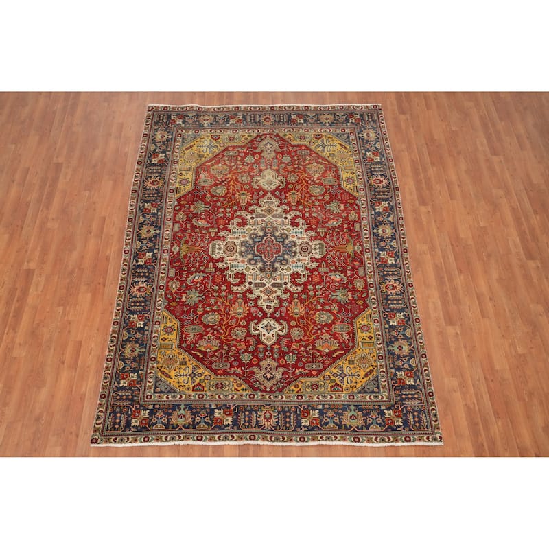 Hand Knotted Oriental 100% Wool Carpet Traditional Floral Red Tabriz Area Rug - 9' 3'' X 6' 9''
