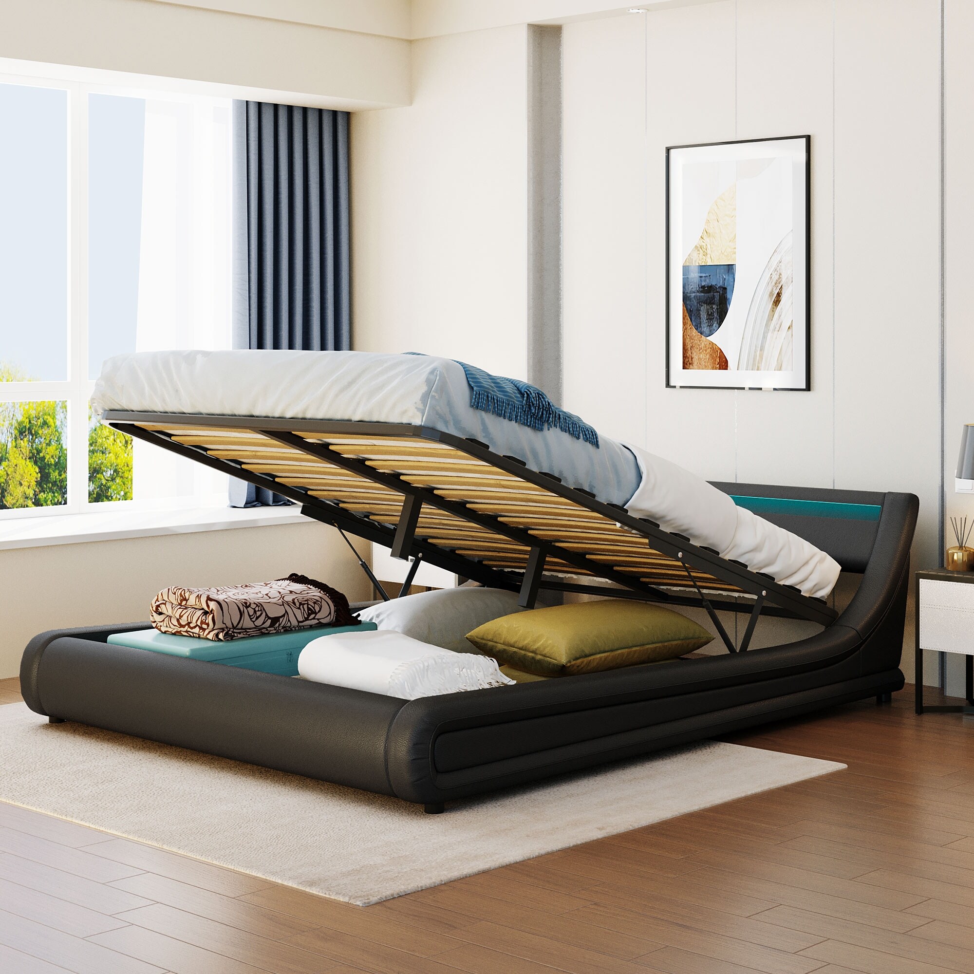 Queen size cot with hydraulic storage top