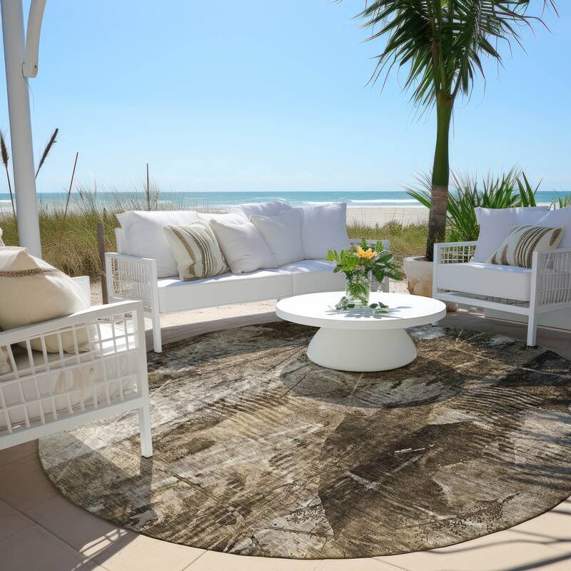 Machine Washable Indoor/ Outdoor Foilage Chantille Rug - Taupe - 8' x 8'
