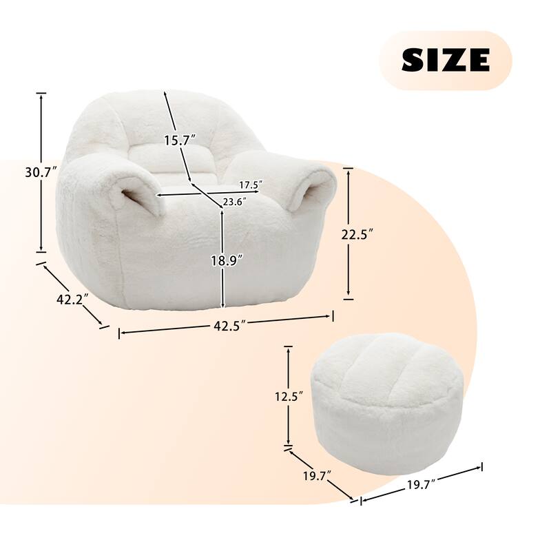 Faux Fur Bean Bag Chair with Back Support & Footstool - Comfy Floor Sofa for Adults & Kids, Living Room, Bedroom (2 Options)