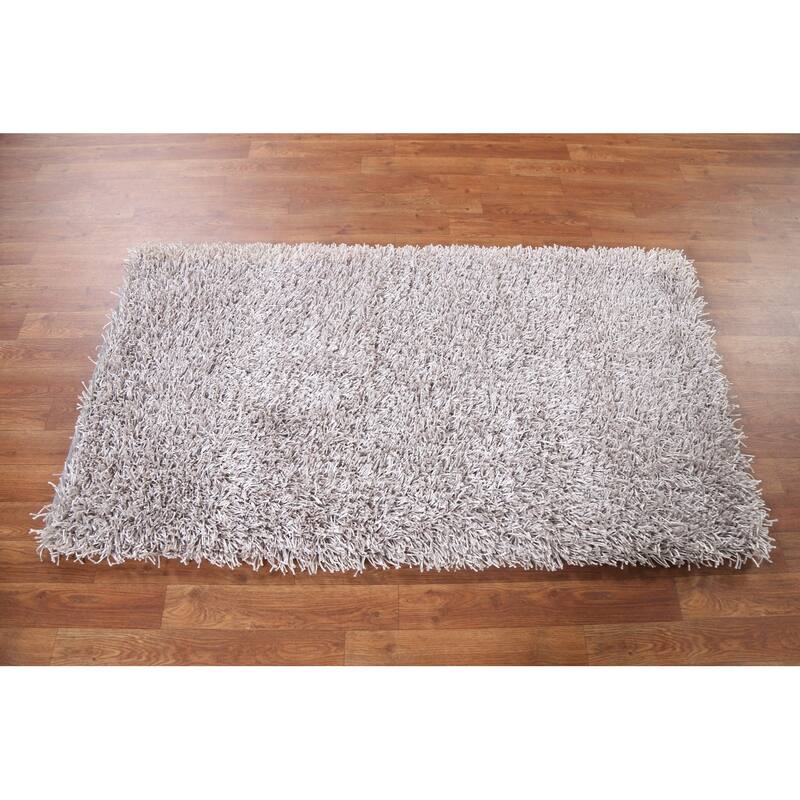 Hand Knotted Oriental Polyester Carpet Modern Contemporary Beige & Ivories Shaggy Area Rug - 4' 9'' X 2' 8''