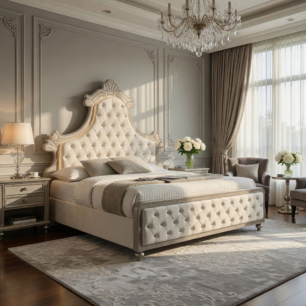 Willa King Size Bed, LED Lights, Beige Velvet Upholstery, Brown Wood