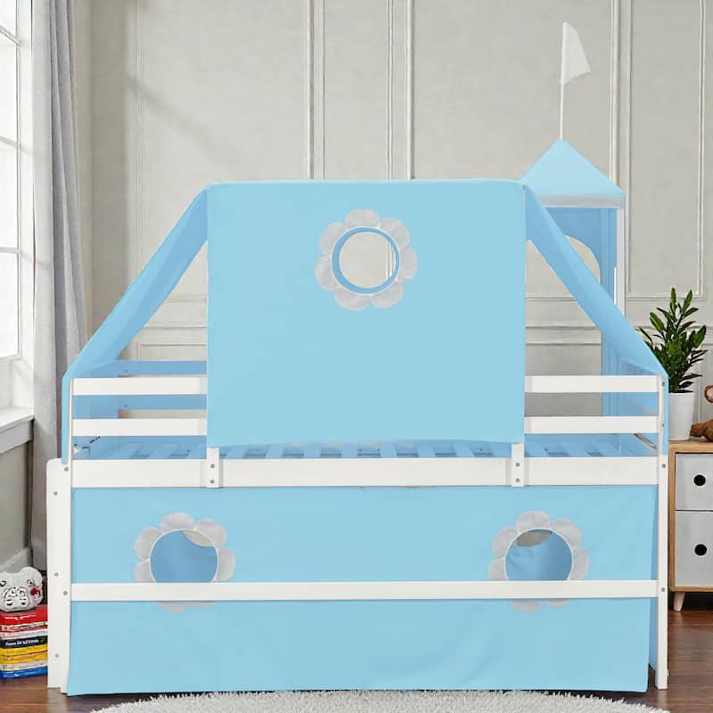 Kids Loft Bed with Slide, Tent and Tower, Solid Wood Castle Playhouse Loft