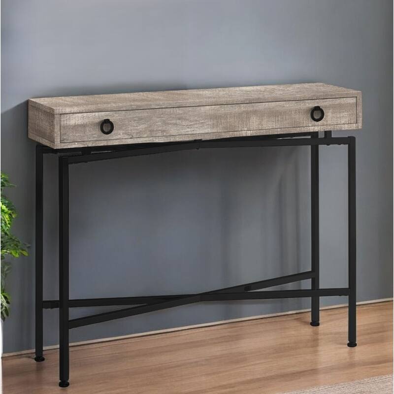 43 Inch Modern Console Table Wood Veneer Top with Drawer and Black Steel Base for Entry Hall - 42.5”L x 12”W x 32.5”H