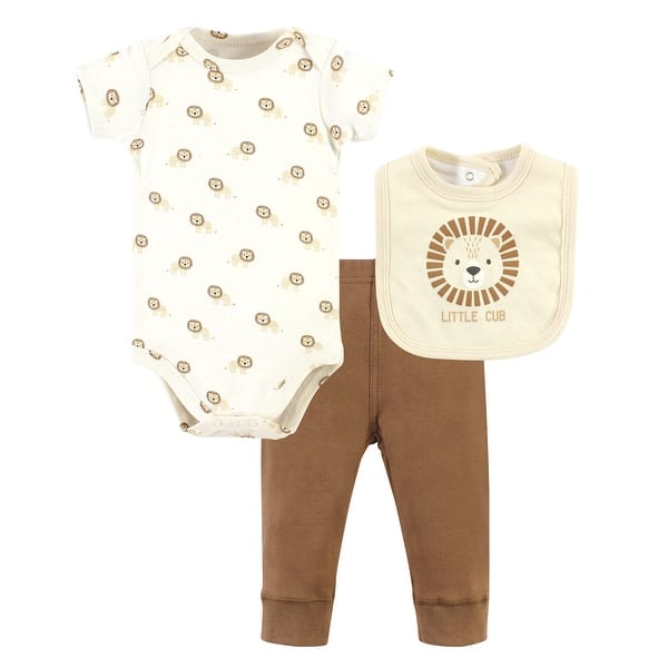 slide 1 of 1, Hudson Baby Infant Boy Cotton Bodysuit, Pant and Bib Set, Brave Lion 0-3 Months - Brave Lion