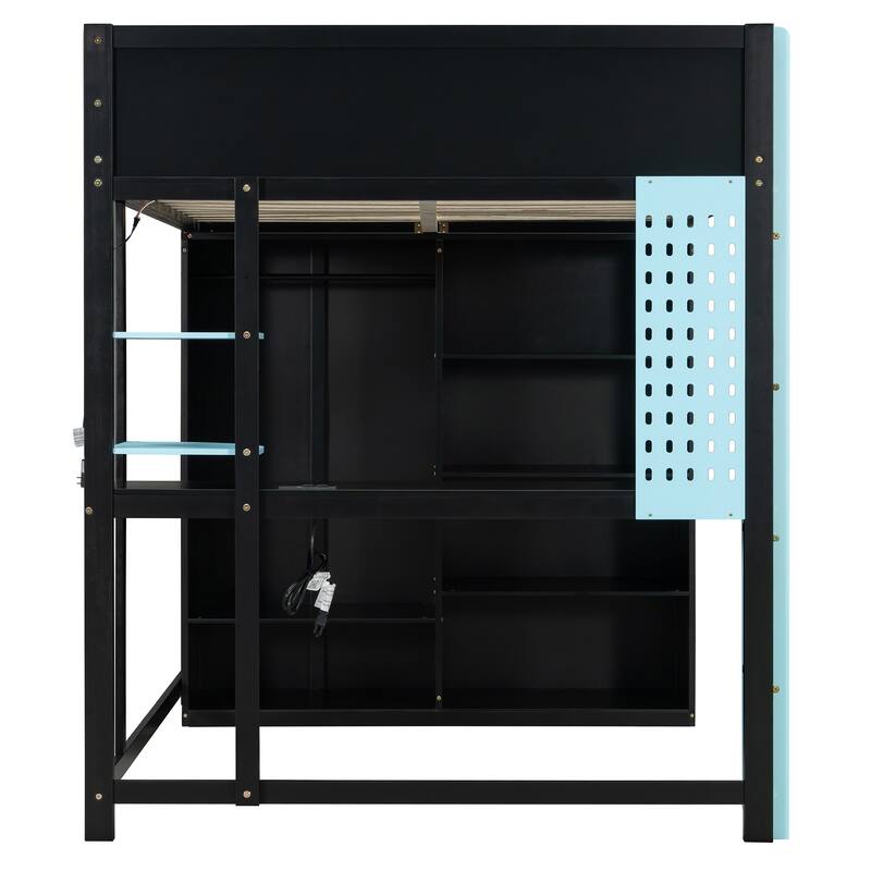 Roomfitters Full Gaming Loft Bed with Desk, Open Wardrobe, RGB LED and USB Ports, Space Saving Sleeper