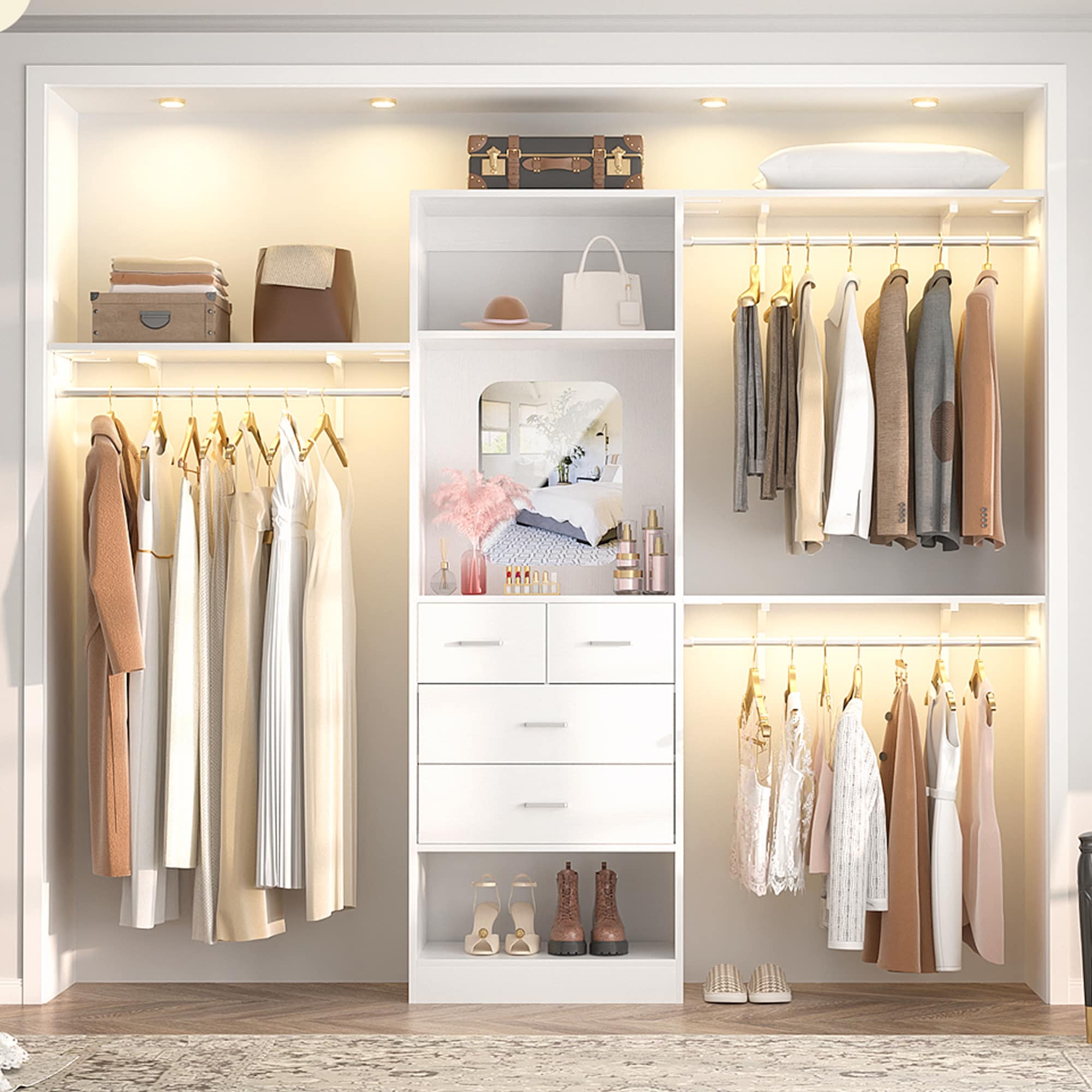 25'' - 96" W Closet System with 4 Wooden Drawers and Mirror, Walk-in Closet Organizer Kits with 3 Extendable Hanging Rods