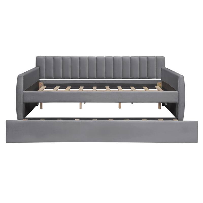 Full Size Upholstered daybed with Trundle and Wood Slat Support
