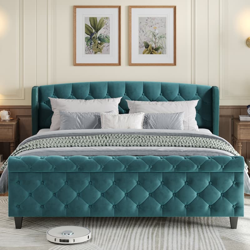 Christopher Knight Home - Amara Traditional Velvet Upholstered Sleigh Bed with Wingback Headboard & Scroll Footboard, King Size - Turquoise