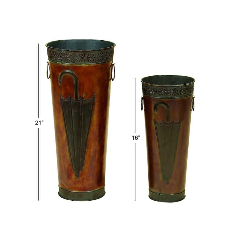 Rustic Umbrella Stand with Engraved Details, Set of 2, Brown