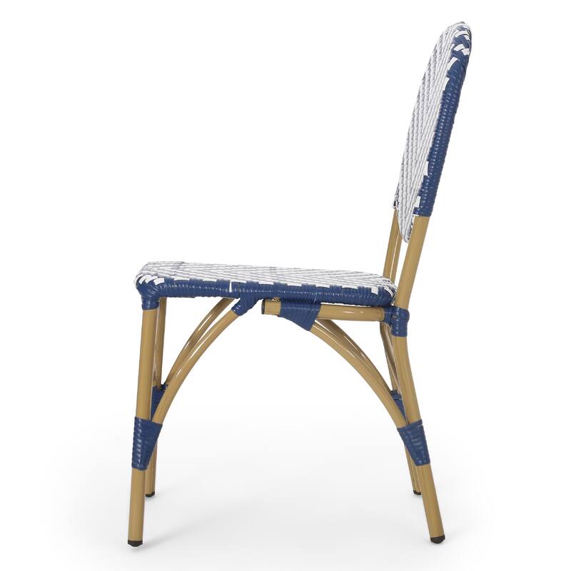 Outdoor French Bistro Chair Set of 2, White Blue Wicker Woven, Brown
