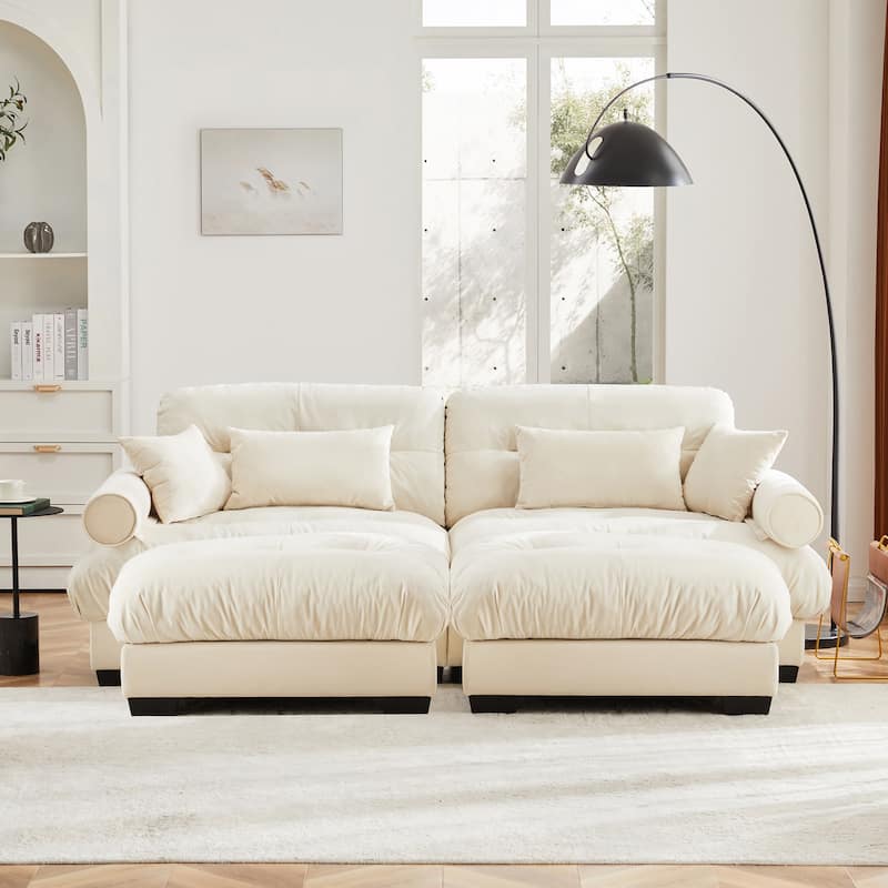 Modern Sectional Couch Comfortable Upholstered Sofa Set with Lumbar Pillow and Throw Pillow for Living Room - 2 Seats + 2 Ottoman - Cream