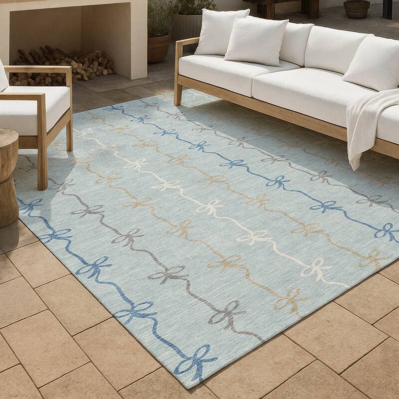Machine Washable Indoor/ Outdoor Modern Bow Stripe Chantille Rug - Sky - 9' x 12'