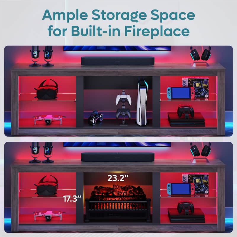70-Inch LED TV Stand with Tempered Glass Shelves and Open Cabinet - 71 in